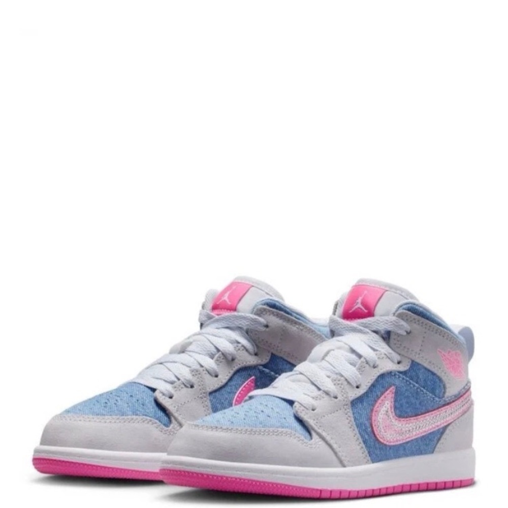 $120 Air Jordan 1 Mid GS Blue Denim Grey Suede Sequin Mid Top Sneakers Size 7.5